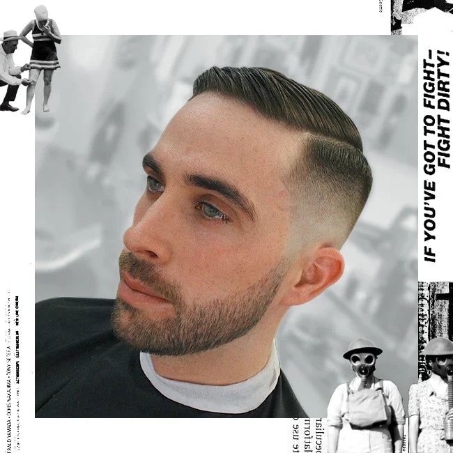 Man with Skin Fade Side Part with Lined Beard