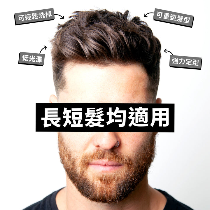 A close-up of a man's face with styled medium-length brown hair, shown against a plain light background with several black text labels in Chinese pointing to the hair features. The text highlights easy to wash, reshaping, low shine, and strong styling properties, with a large black banner across the eyes stating it is suitable for both long and short hair.