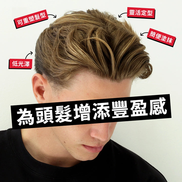 A close-up of a man's styled hair with highlighted brown and blonde tones, shown against a plain light background with several red text labels and a large black banner with white Chinese characters.