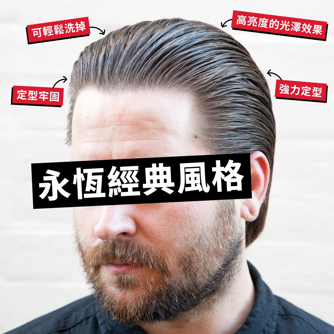 A close-up of a man's styled hair with a beard, showing a classic slicked-back look. Red text labels point to the hair with claims like 'WASHES OUT EASILY,' 'SETS FIRM,' 'HIGH SHINE,' and 'STRONG HOLD.