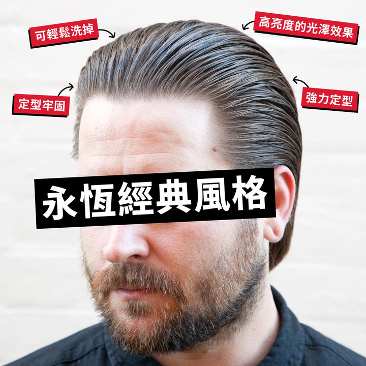 A close-up of a man's styled hair with a beard, showing a classic slicked-back look. Red text labels point to the hair with claims like 'WASHES OUT EASILY,' 'SETS FIRM,' 'HIGH SHINE,' and 'STRONG HOLD.