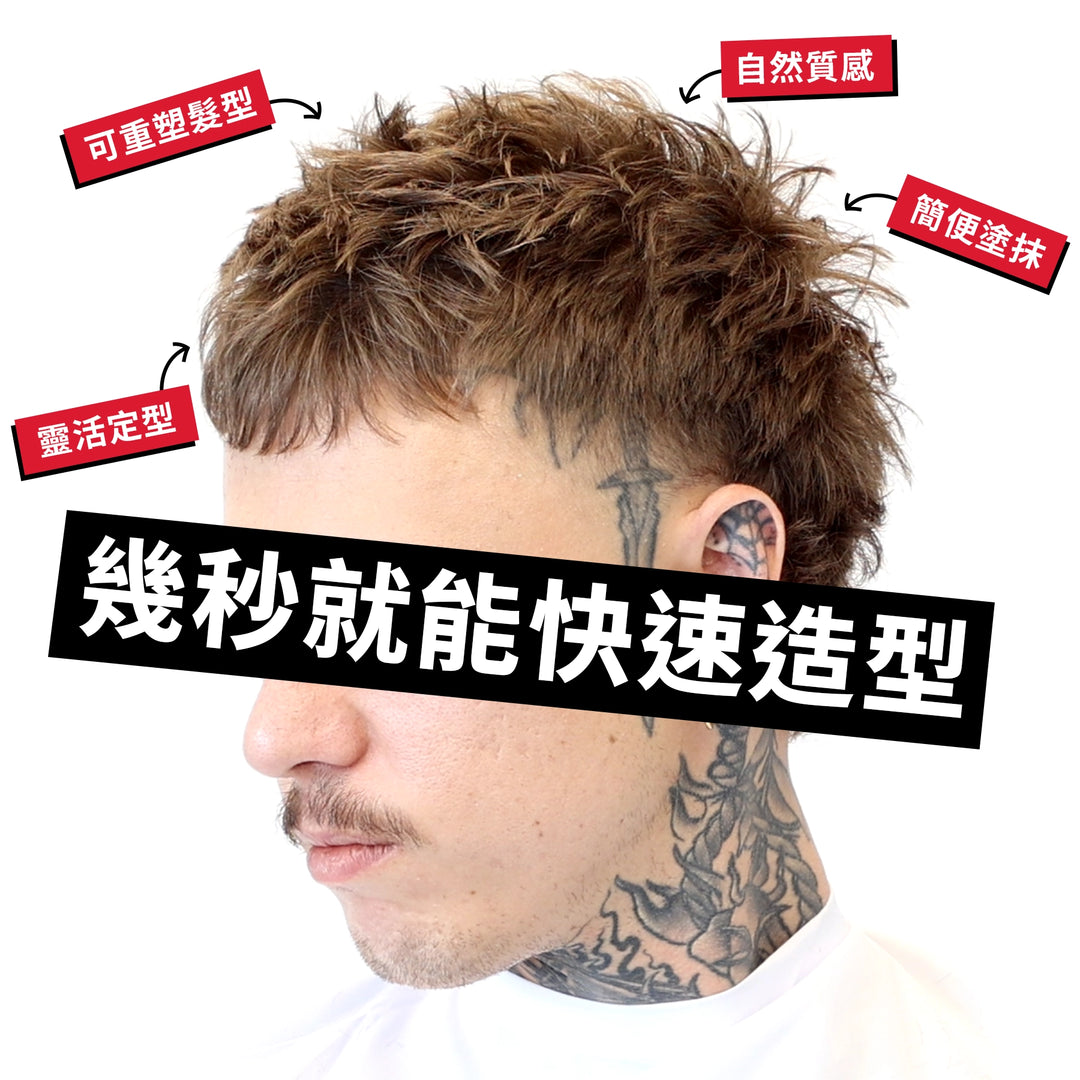 A man's side profile with styled brown hair, overlaid with text badges reading 'EASY APPLICATION', 'NATURAL FINISH', 'REWORKABLE', 'FLEXIBLE HOLD', and a large 'STYLE YOUR HAIR IN SECONDS' banner. No actual product container is visible.